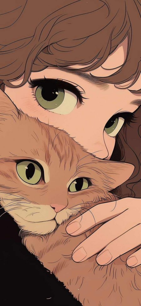 少女怀抱橘猫绿眸对视温柔细腻日系动漫人物手机壁纸