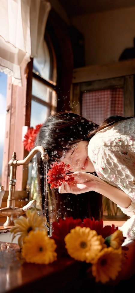少女窗边嗅红花阳光洒落温柔治愈人像摄影手机壁纸
