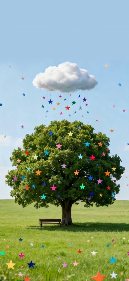 彩星垂挂绿树草地梦幻治愈系创意手机壁纸