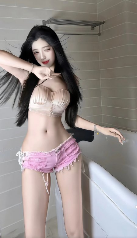 粉衣美女浴室中俏皮眨眼甜美人像摄影手机壁纸