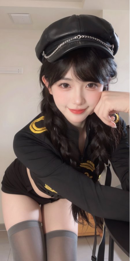 黑帽金章美女托腮微笑甜美制服人像摄影手机壁纸