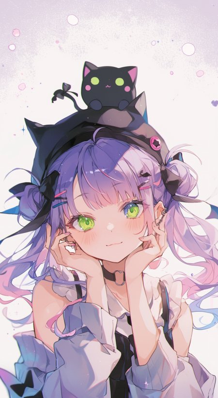 紫发少女托腮头顶黑猫梦幻二次元动漫人物手机壁纸