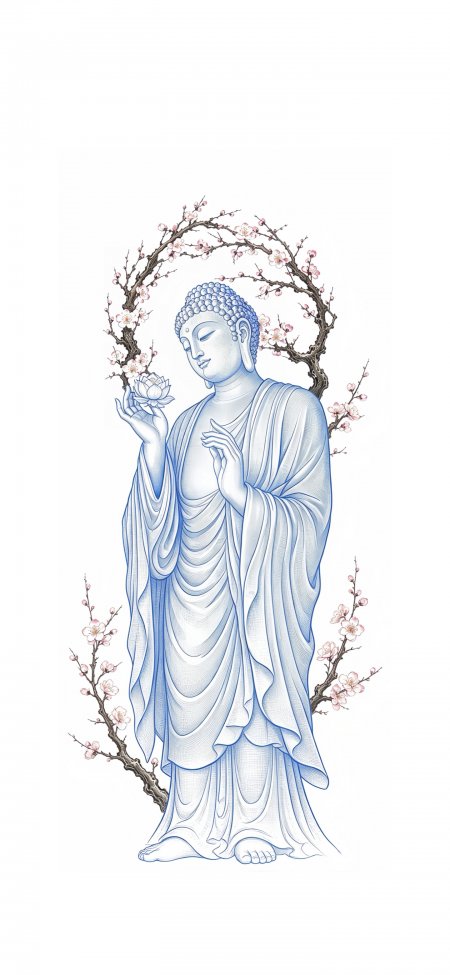 蓝调佛像持莲梅花环绕禅意东方美学插画手机壁纸