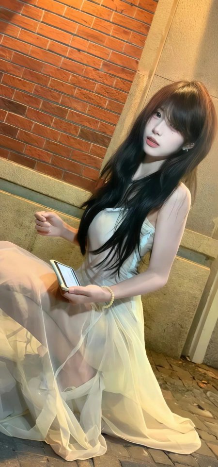 长发美女砖墙边坐地持手机温柔夜景人像摄影手机壁纸