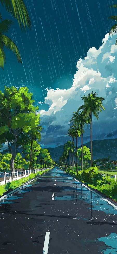 雨中棕榈道绿意盎然日系动漫风格插画手机壁纸