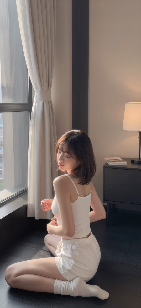 白衣美女跪坐窗边温柔居家摄影手机壁纸