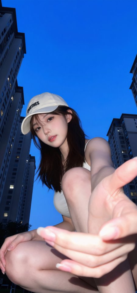 白帽美女仰拍伸手互动城市夜景人像摄影手机壁纸