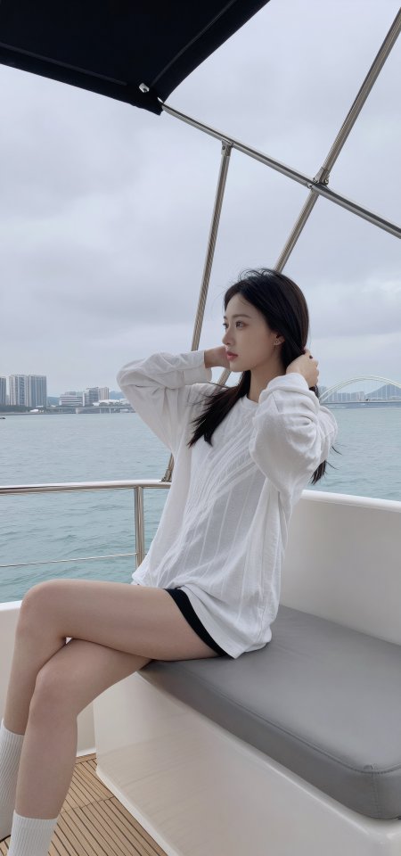 长发美女游艇上整理秀发休闲人像摄影手机壁纸