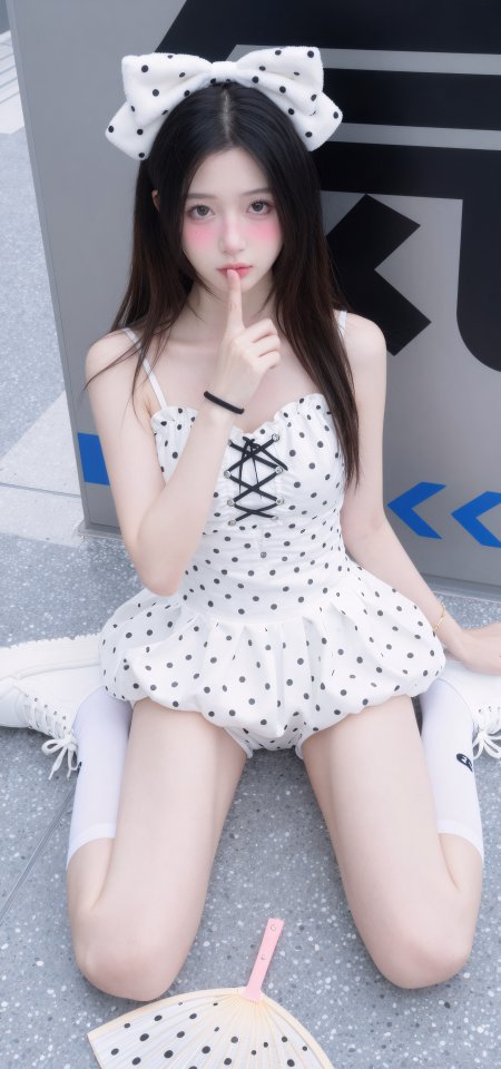 波点裙少女戴蝴蝶结可爱坐姿人像摄影手机壁纸