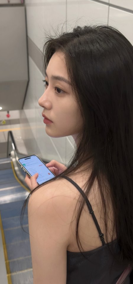 黑发美女侧脸看手机地铁站日常人像摄影手机壁纸