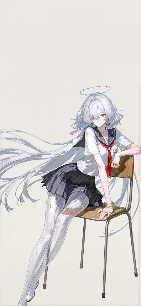 鸣潮白发少女坐椅红瞳校服二次元动漫手机壁纸