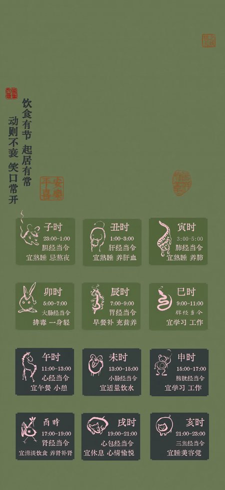 十二时辰养生表绿色背景中医经络作息指南创意手机壁纸