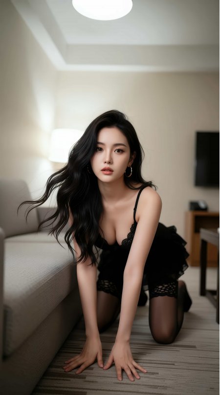 美女跪地黑蕾丝吊带长发飘逸性感人像摄影手机壁纸