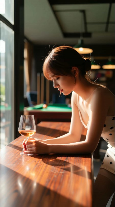 美女吧台握酒杯侧脸逆光氛围感人像摄影手机壁纸
