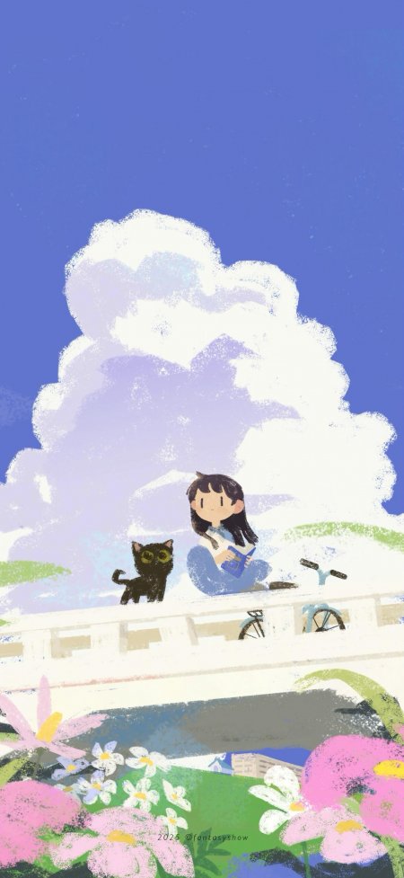 女孩与黑猫坐桥上看书蓝天白云插画治愈系创意手机壁纸