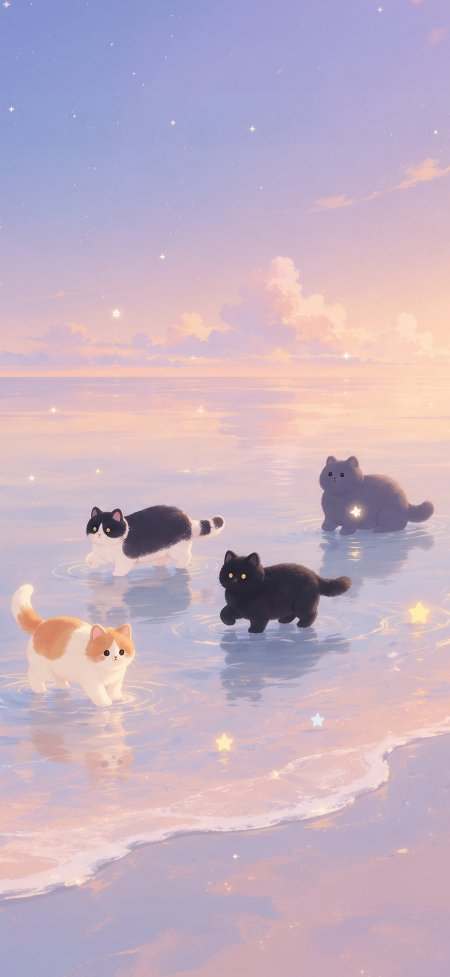 四只小猫漫步梦幻星空海面治愈系插画手机壁纸