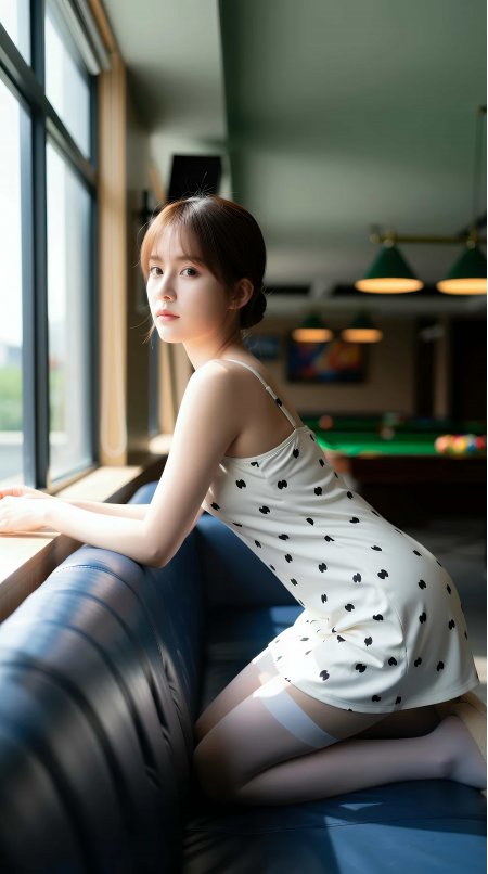 美女沙发跪姿回眸爱心吊带裙人像摄影手机壁纸