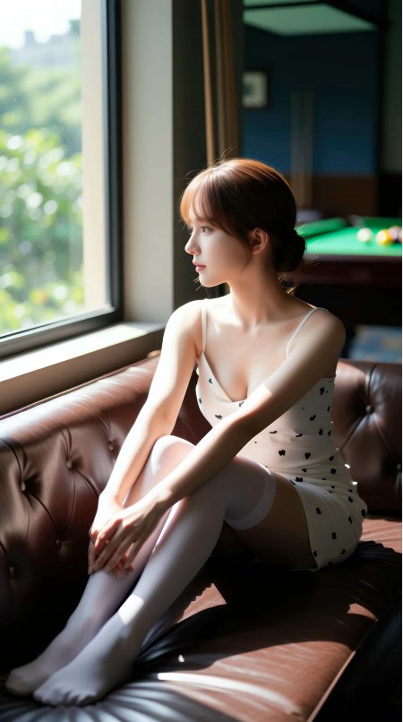 美女窗边沙发坐姿白吊带黑心裙人像摄影手机壁纸