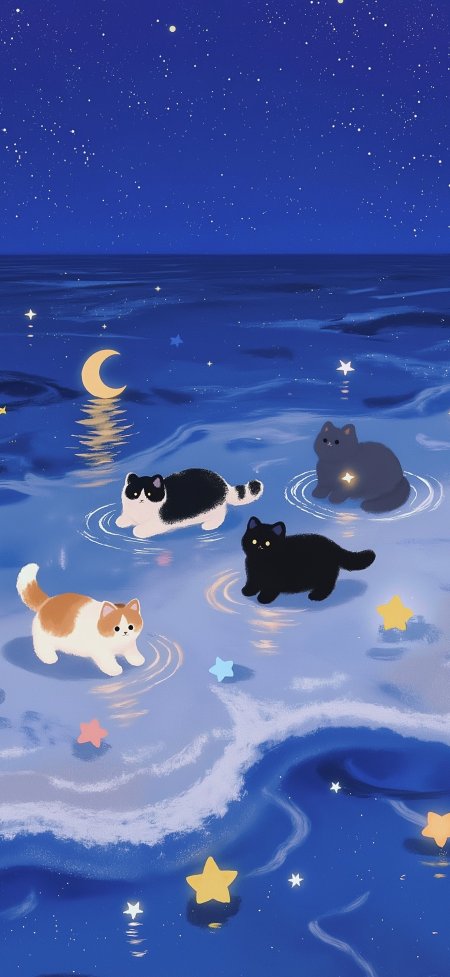 猫咪夜游星海月亮倒影深蓝水面奇幻插画手机壁纸