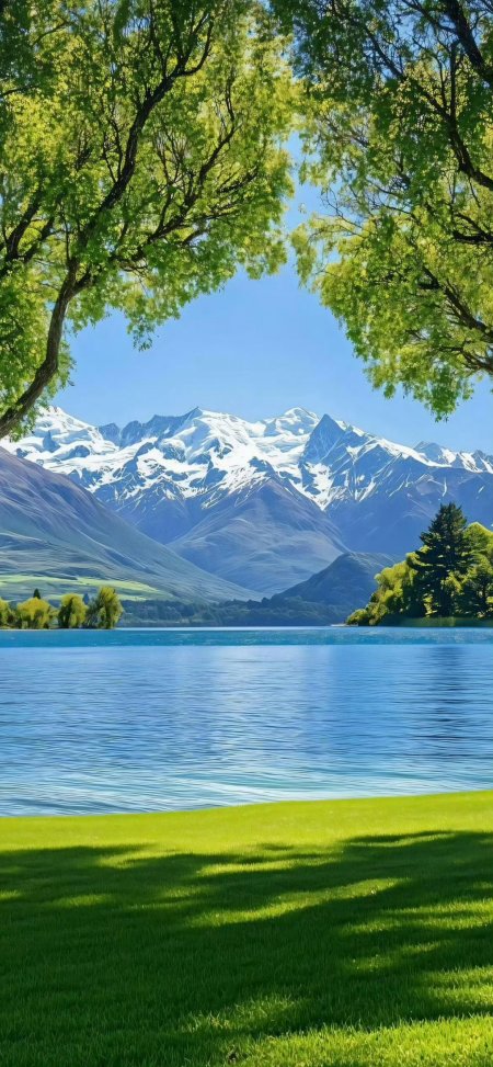 绿树掩映雪山湖泊治愈系自然风光风景手机壁纸