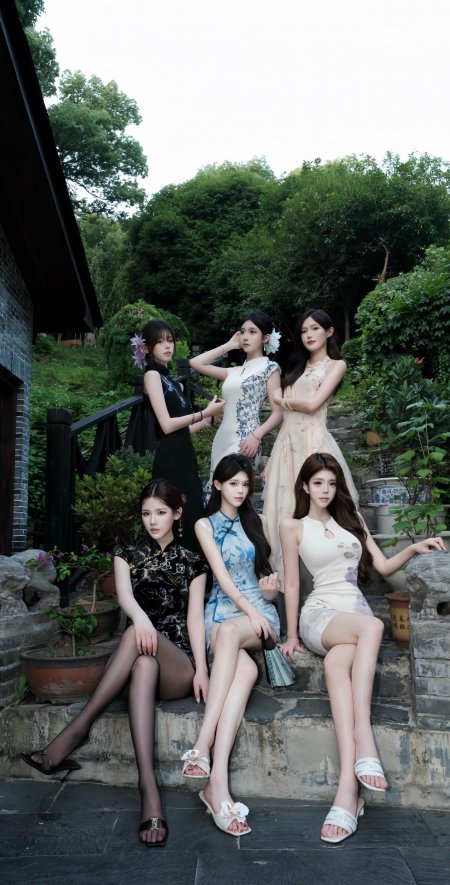 五位美女旗袍合影庭院优雅人像摄影手机壁纸