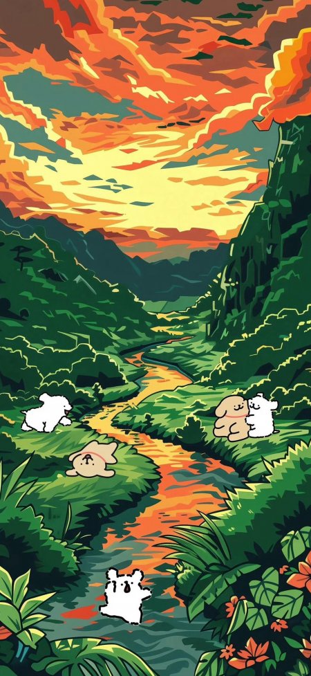 线条小狗绿野溪流嬉戏夕阳暖色插画创意手机壁纸