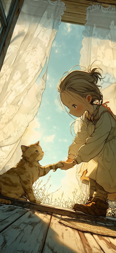 小女孩与橘猫窗边握手温馨治愈插画创意手机壁纸