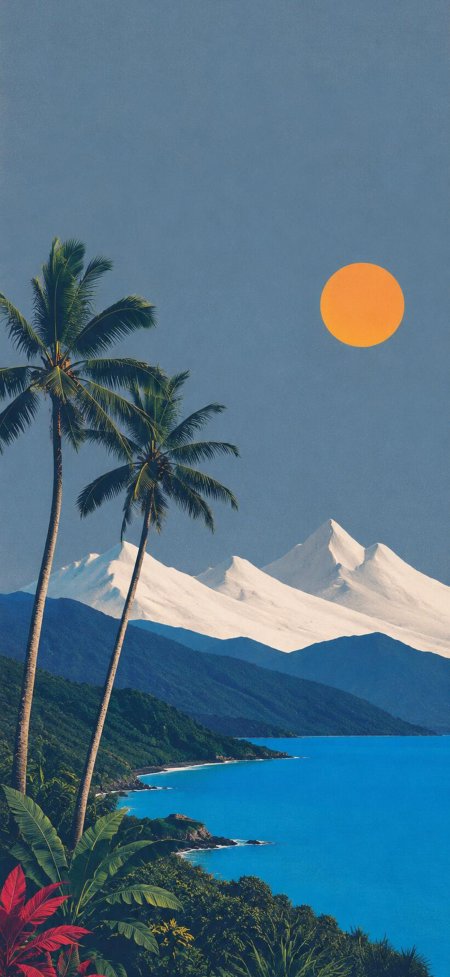 椰林雪山海岸线橙色圆日清新治愈插画手机壁纸