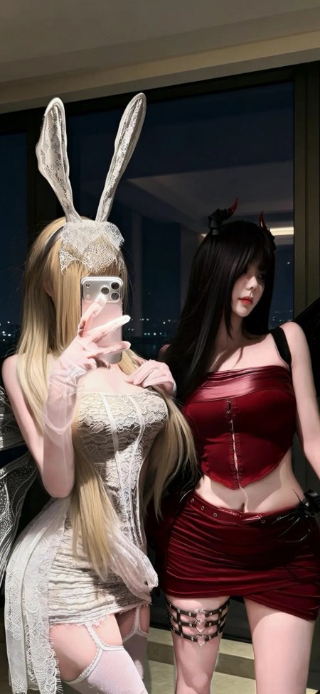 兔女郎与恶魔装双人对镜自拍创意人像摄影手机壁纸