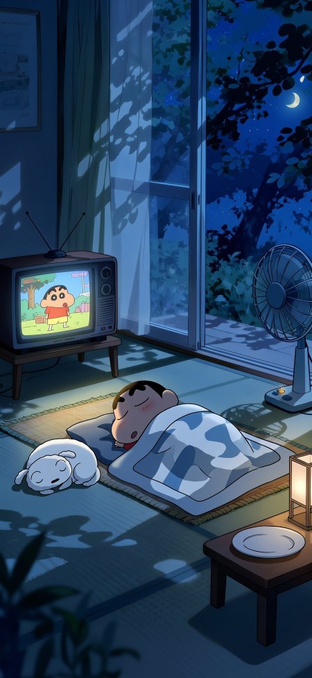 蜡笔小新盖被熟睡小白相伴夏夜房间动漫手机壁纸