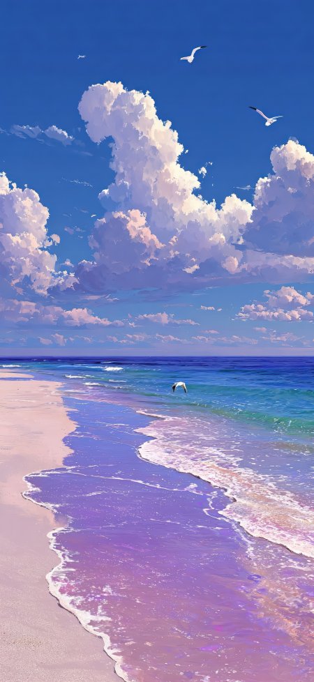 梦幻紫色海滩油画质感海浪云朵治愈系创意手机壁纸