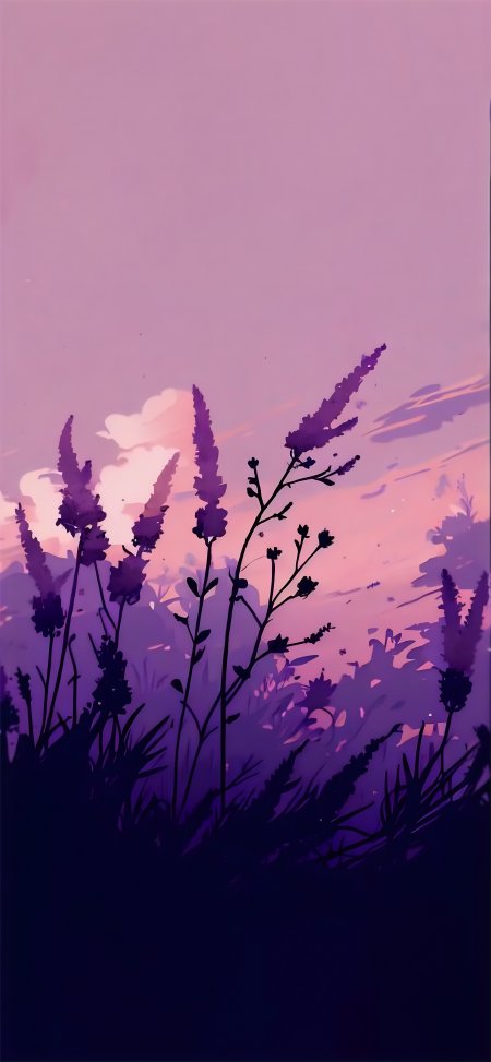 紫色花海剪影晚霞渐变天空治愈系插画手机壁纸