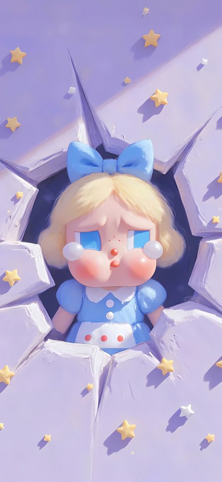 哭娃小女孩蓝蝴蝶结星星墙梦幻可爱动漫手机壁纸
