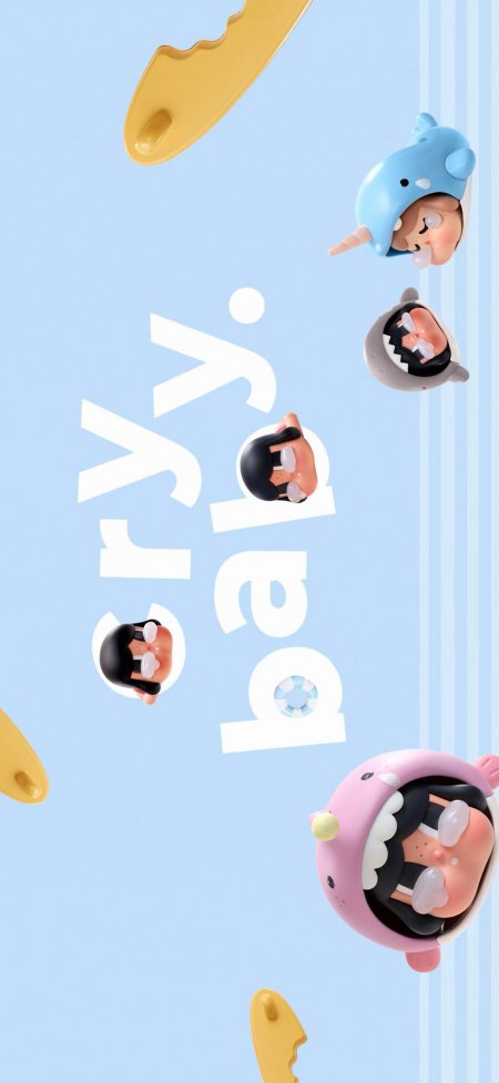 哭娃小女孩鲨鱼造型漂浮蓝色背景创意手机壁纸