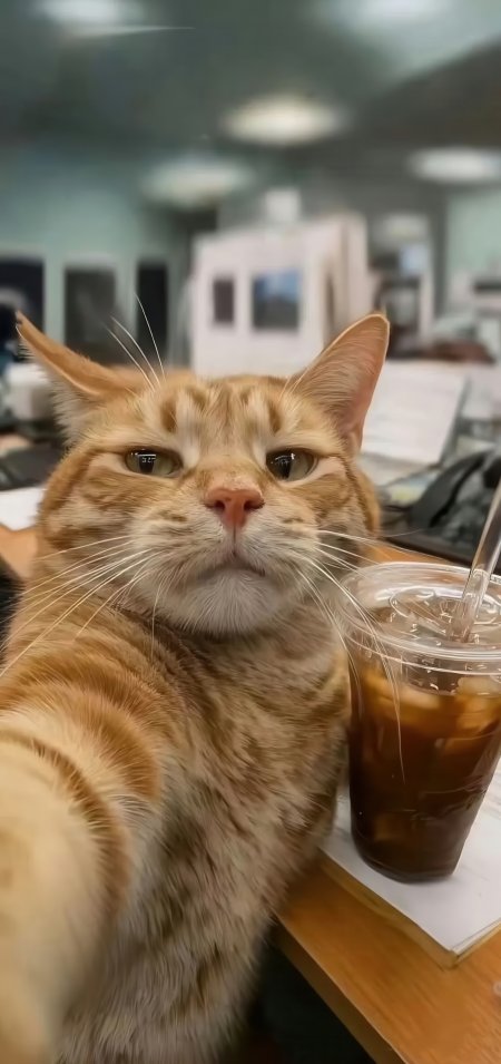 橘猫自拍办公桌上冰咖啡萌宠趣味人像摄影手机壁纸