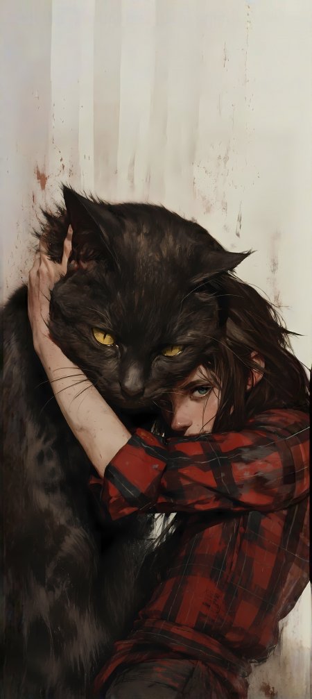少女抱黑猫红格衬衫插画动漫手机壁纸