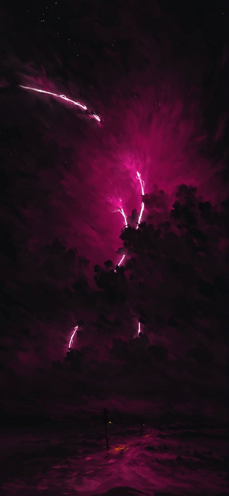 紫红色雷电撕裂夜空末日氛围奇幻风景手机壁纸