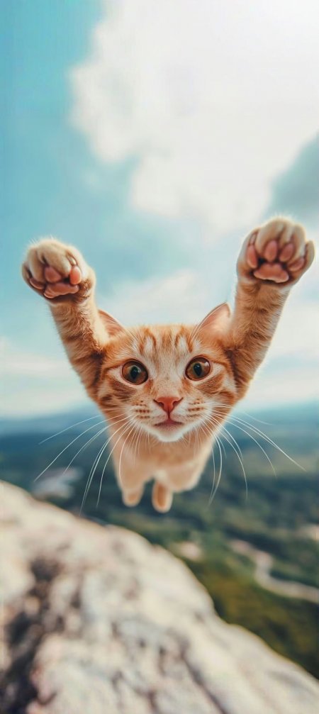 橘猫空中跳跃蓝天背景萌宠手机壁纸