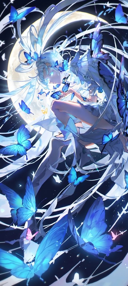 蓝发少女月下蝶舞梦幻唯美动漫手机壁纸