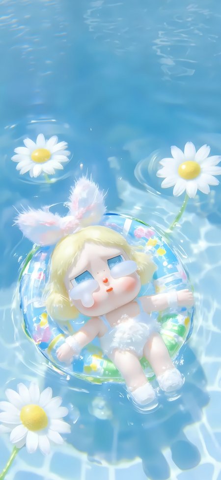 哭娃小女孩泳池漂浮雏菊环绕清凉夏日动漫手机壁纸