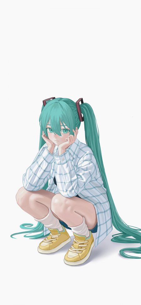 初音未来双马尾蹲坐托腮格子衫Vocaloid动漫手机壁纸