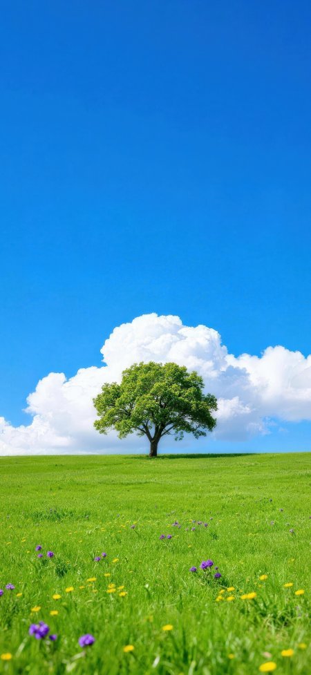 蓝天绿草地孤树白云夏日清新自然风光风景手机壁纸