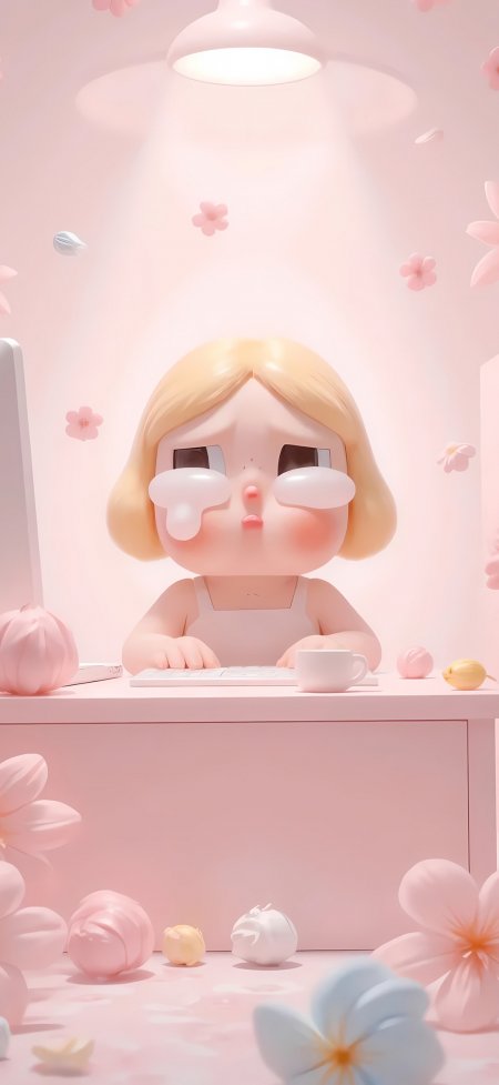 哭娃小女孩粉色房间看书温馨治愈动漫手机壁纸