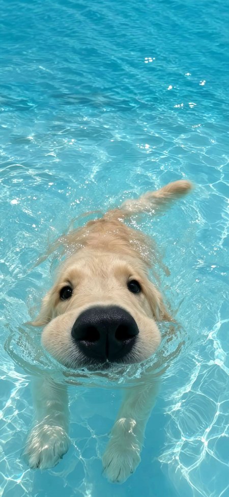 金毛犬清澈泳池游泳特写萌宠治愈系创意手机壁纸