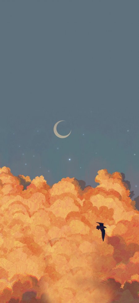 橙色云海弯月飞鸟剪影梦幻插画风景手机壁纸