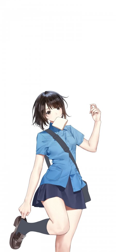 短发少女蓝衬衫叼面包青春校园动漫手机壁纸