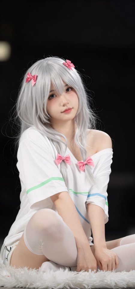 银发少女白T恤粉蝴蝶结和泉纱雾cos人像摄影手机壁纸