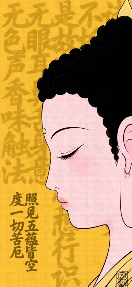 佛陀侧脸闭目沉思金色经文背景禅意创意手机壁纸
