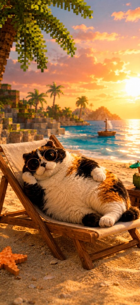 三花猫戴墨镜躺沙滩椅像素风海边插画卡通手机壁纸