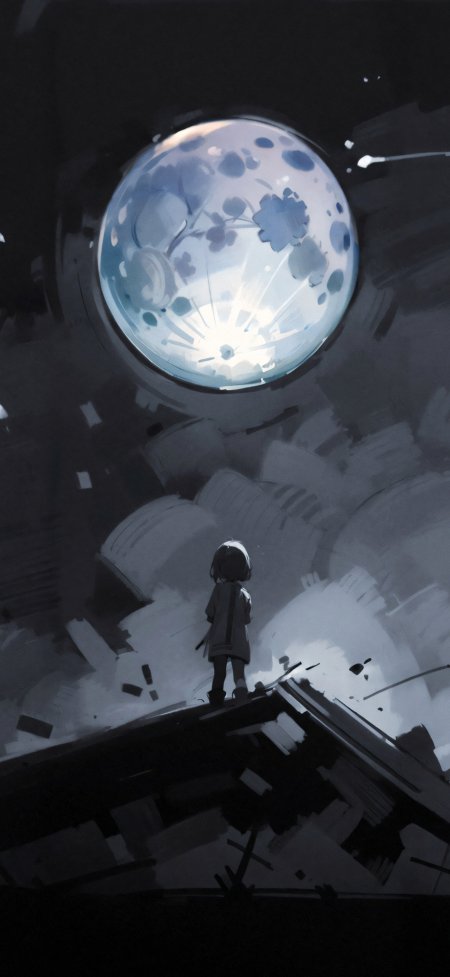 废墟中少女仰望发光球体孤独治愈动漫手机壁纸